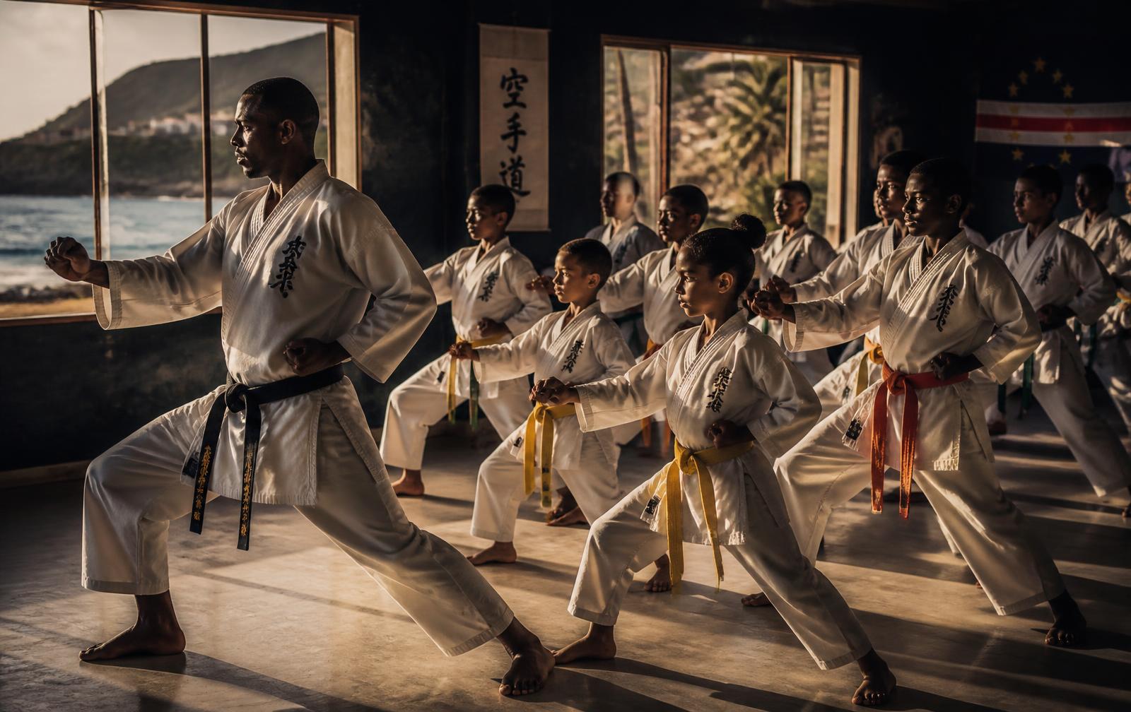 Turma de karate a treinar num dojo em Cabo Verde